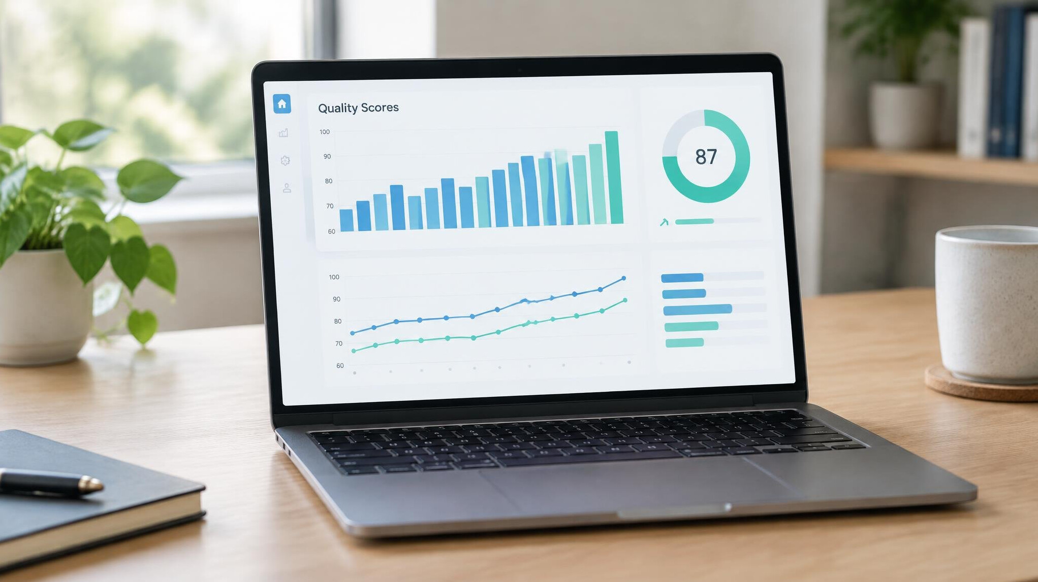 Laptop screen showing analytics charts and graphs