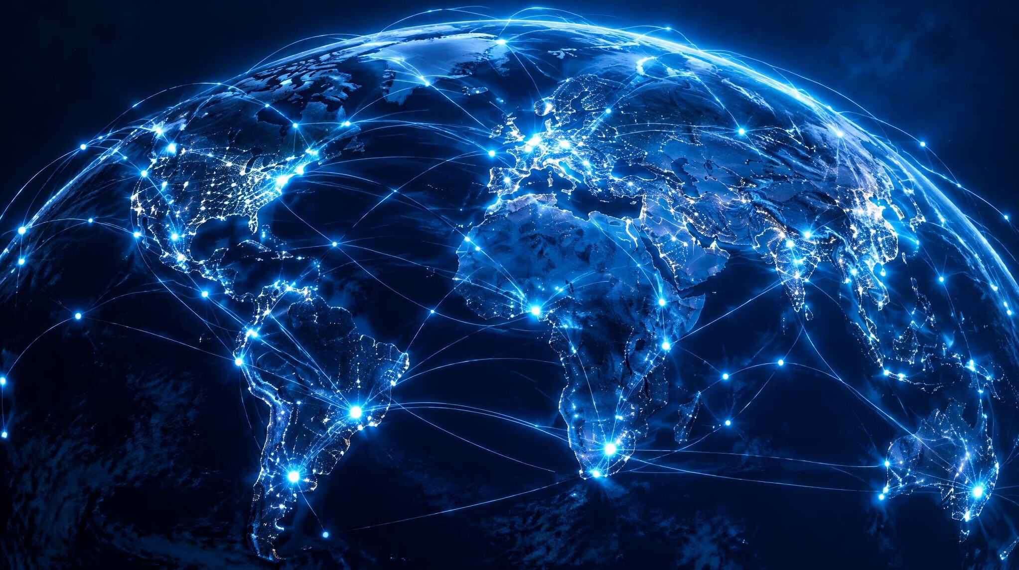 Glowing network of connected points over a dark globe