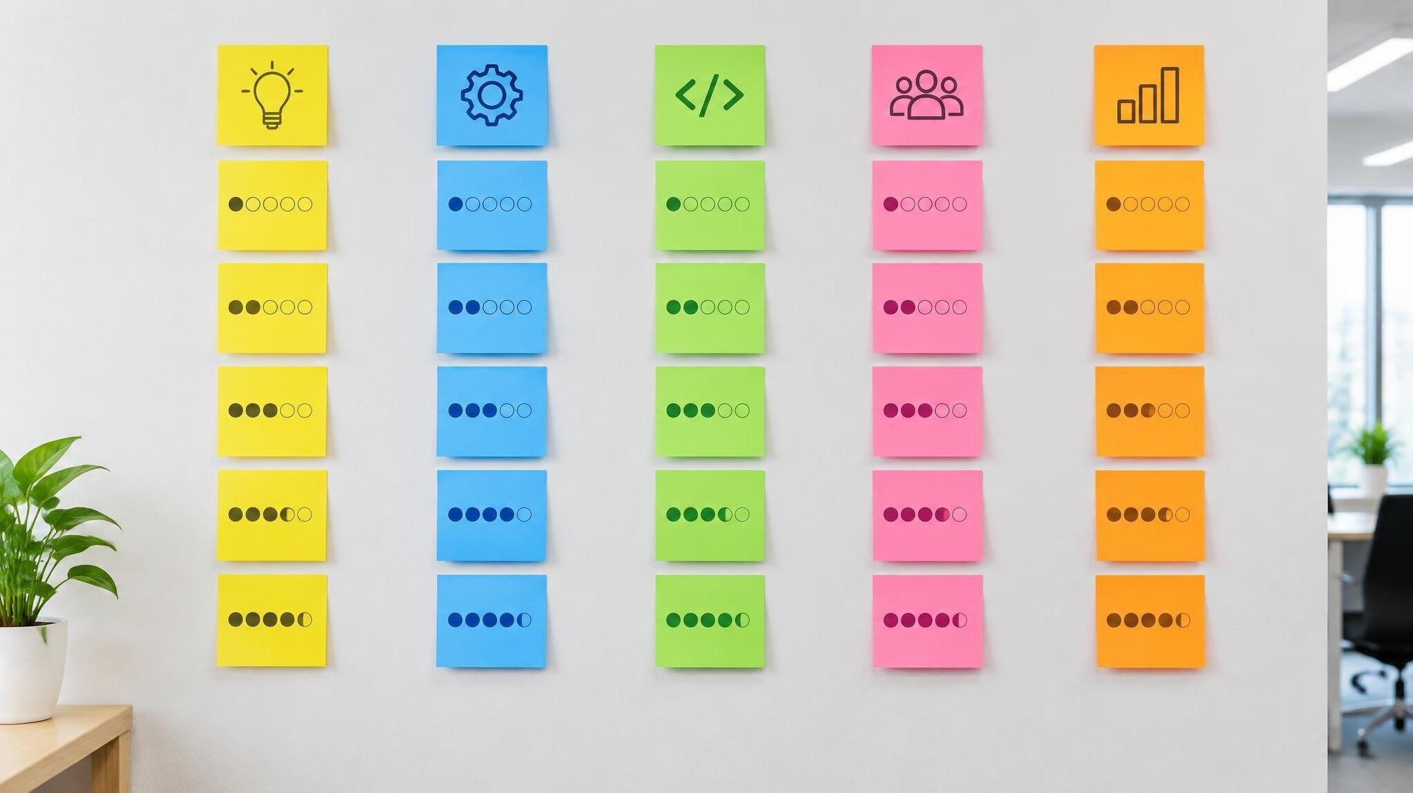 Wall of colorful sticky notes organised in columns